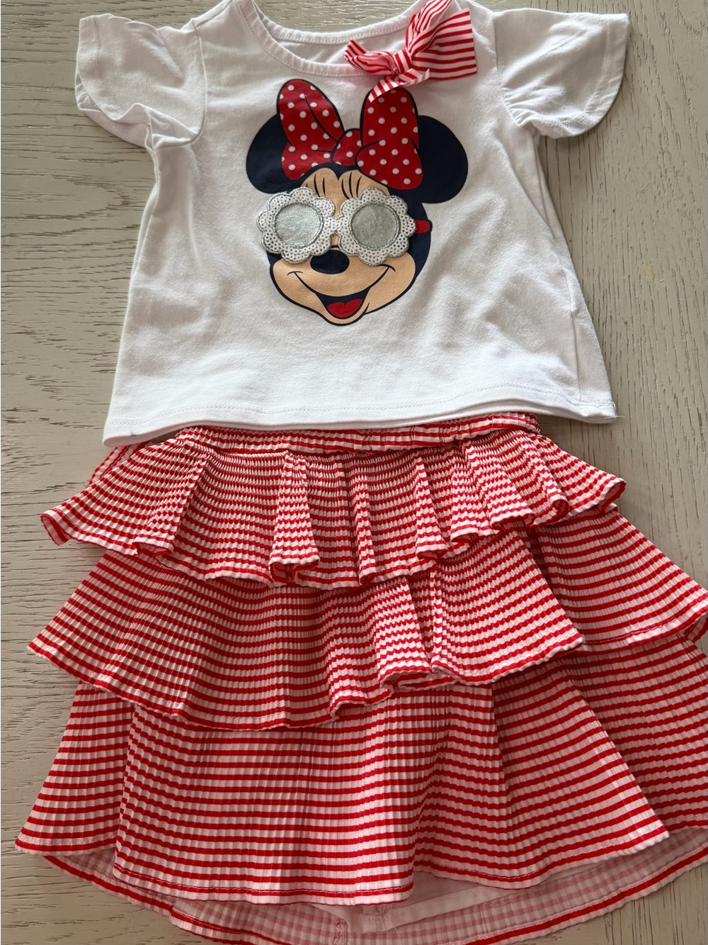 Disney Minnie Mouse White Top Red Striped Ruffle Tiered Skirt Matching Set 4T